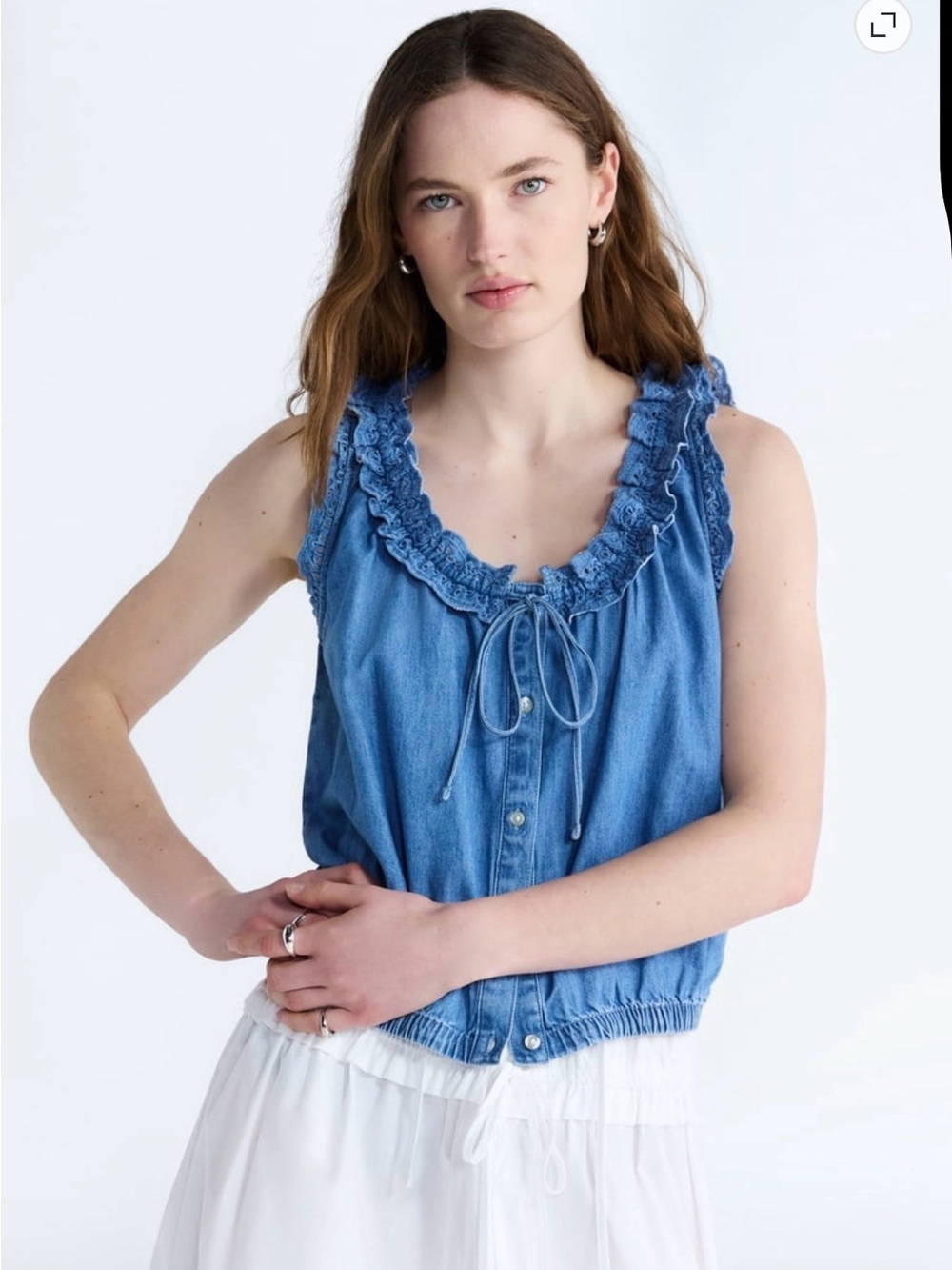 Ruffle-Trim Chambray Sleeveless Top - Blue